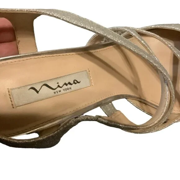Nina Cianna Platino Glitter Pumps Women 11‎ Silver Strappy Pointed Toe Leather - Picture 4 of 9